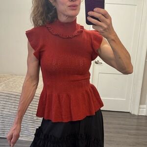 Torn by Ronny Kobo Red Knit Peplum Sleeveless Top Size M